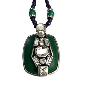 Lia Sophia Retired Art Deco Inspired Necklace Green Crystal Pendant Beaded
